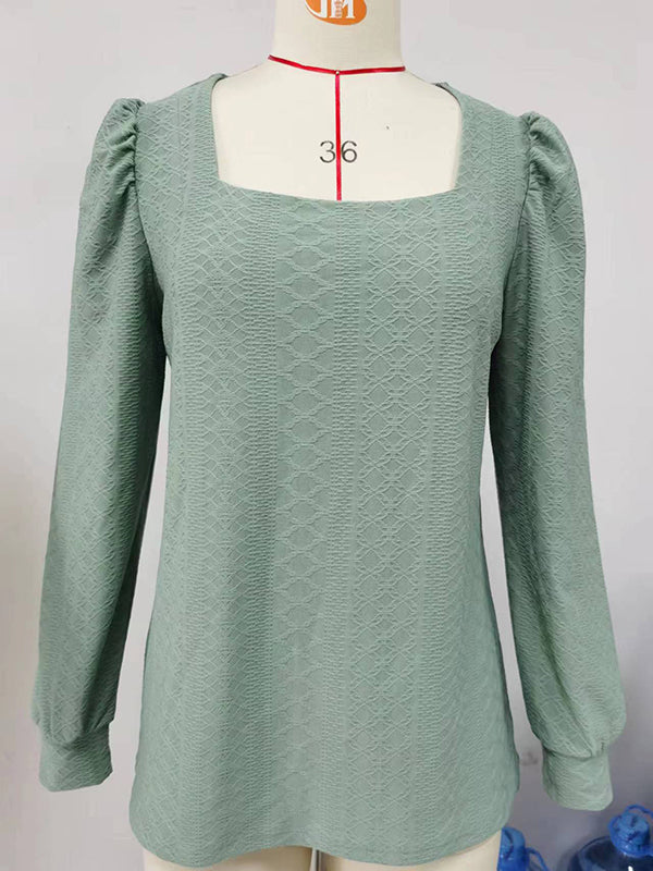 Jacquard Solid Color Loose Square-neck T-Shirts Tops