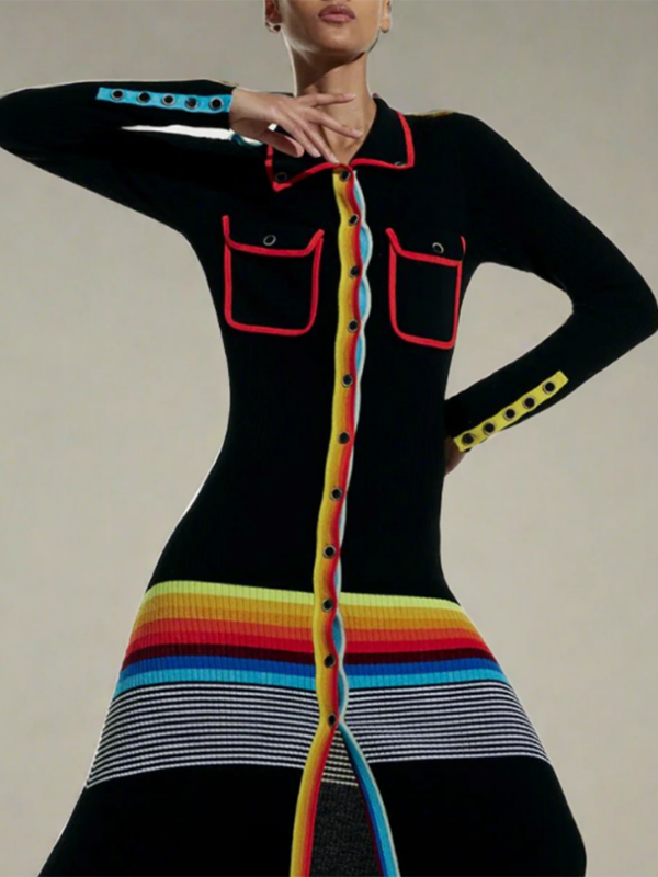 Buttoned Contrast Color Striped Long Sleeves Skinny Lapel Shirt Dress Maxi Dresses