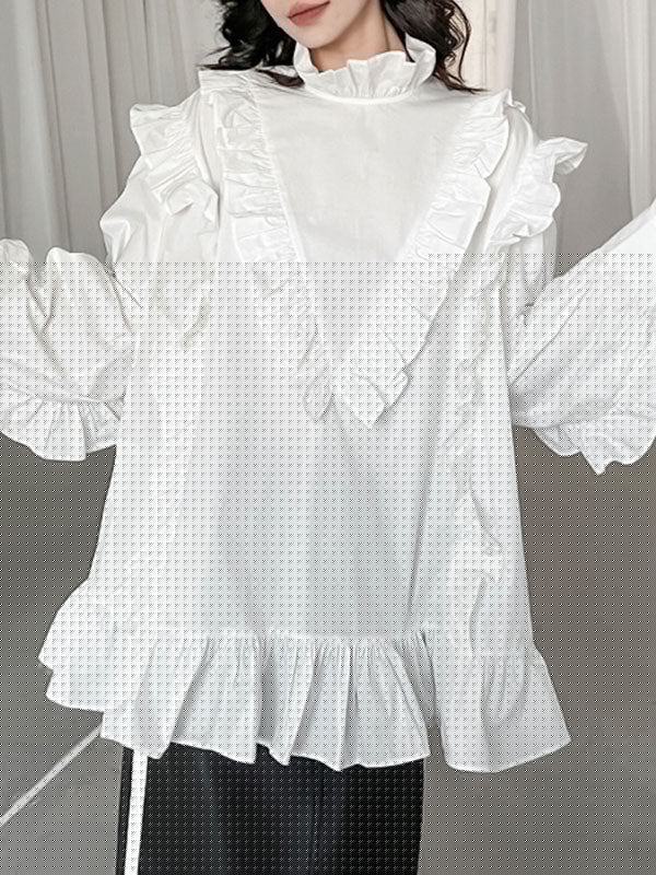 Buttoned Ruffled Solid Color Long Sleeves Loose Stand Collar Blouses&Shirts Tops
