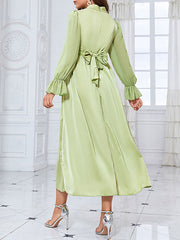 Flared Sleeves Wrap Belted Pleated Solid Color Stand Collar Midi Dresses