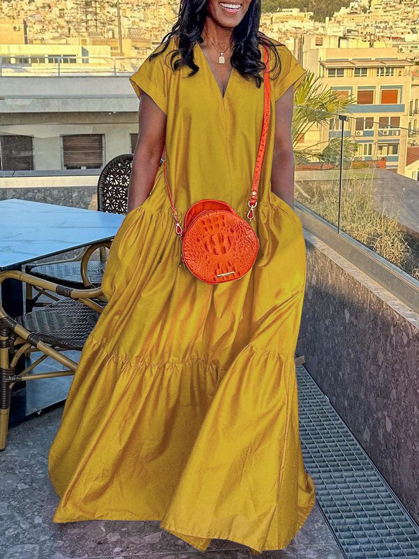 Pleated Pockets Solid Color Split-Joint Loose Short Sleeves V-Neck Maxi Dresses