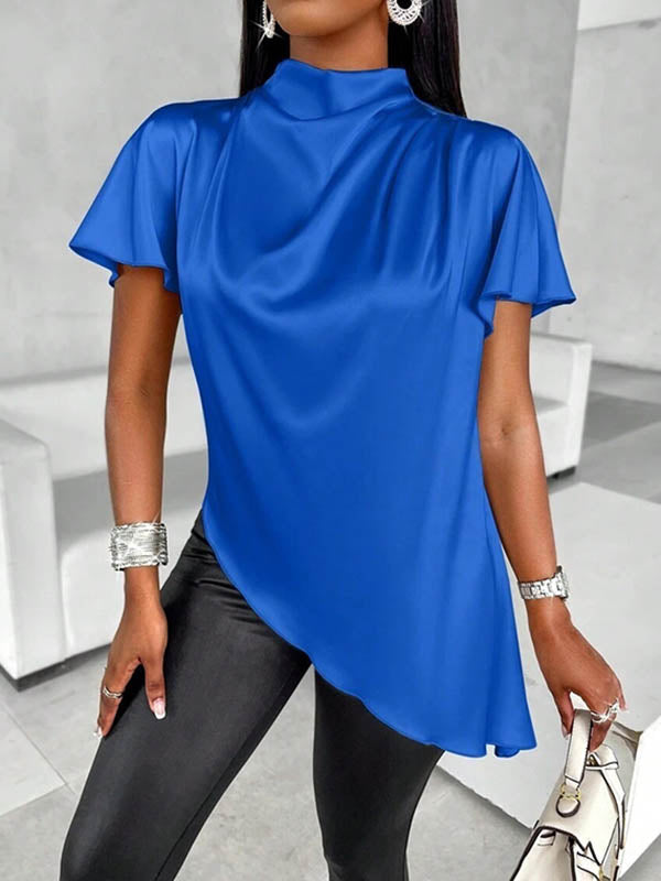 Asymmetric Solid Color Loose Short Sleeves Mock Neck Blouses&Shirts Tops