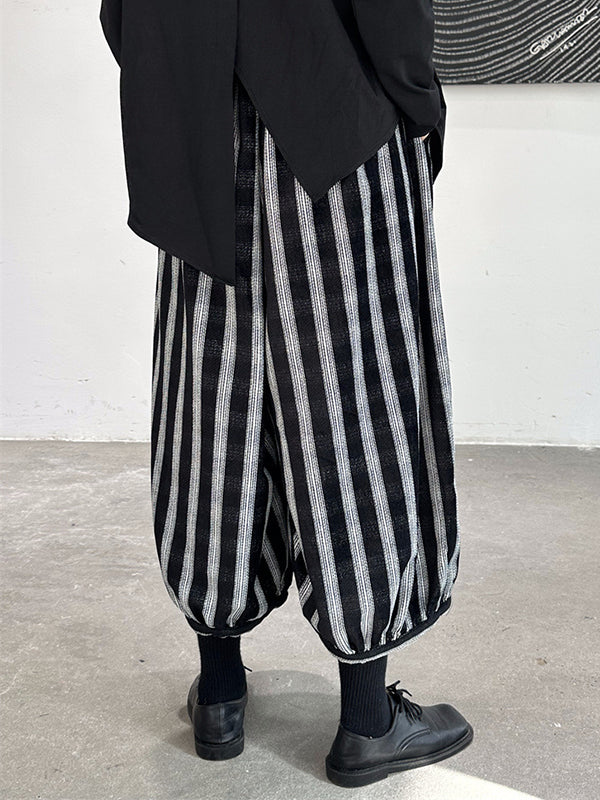 Contrast Color Elasticity Striped Loose Ninth Pants Knickerbockers