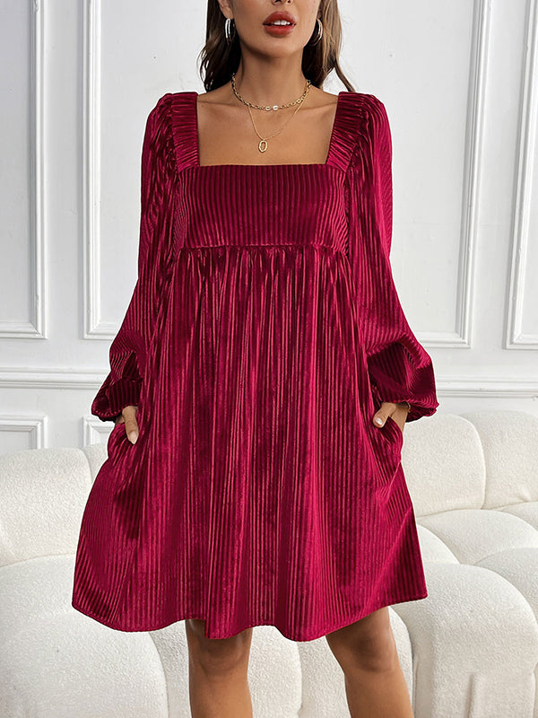 Pleated Shiny Solid Color Tied Velvet A-Line Long Sleeves Square-Neck Mini Dresses