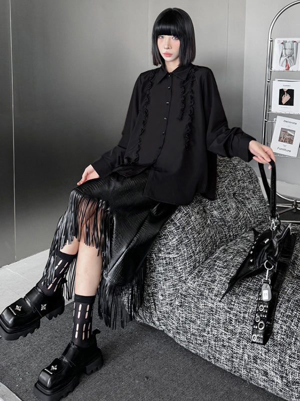 Buttoned Falbala Ruffled Solid Color Split-Joint Hipster Long Sleeves Lapel Blouses&shirts Tops