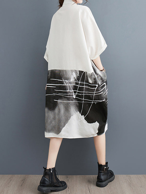 Pockets Printed Half Sleeves Loose Lapel Midi Dresses