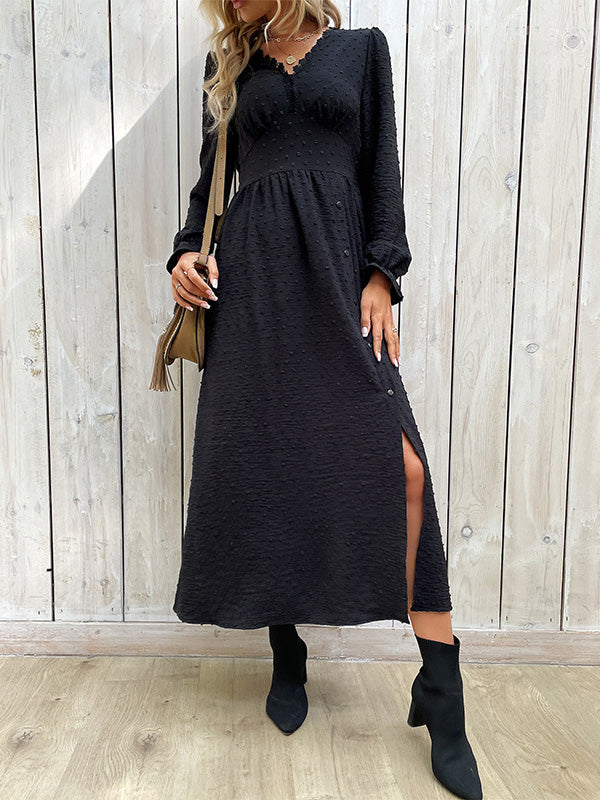 Buttoned Elasticity Solid Color Split-Side A-Line Long Sleeves V-Neck Midi Dresses