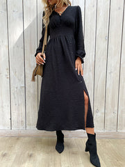 Buttoned Elasticity Solid Color Split-Side A-Line Long Sleeves V-Neck Midi Dresses