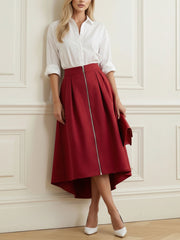 Pleated Pockets Solid Color Zipper A-Line High-Low Skirts Bottoms