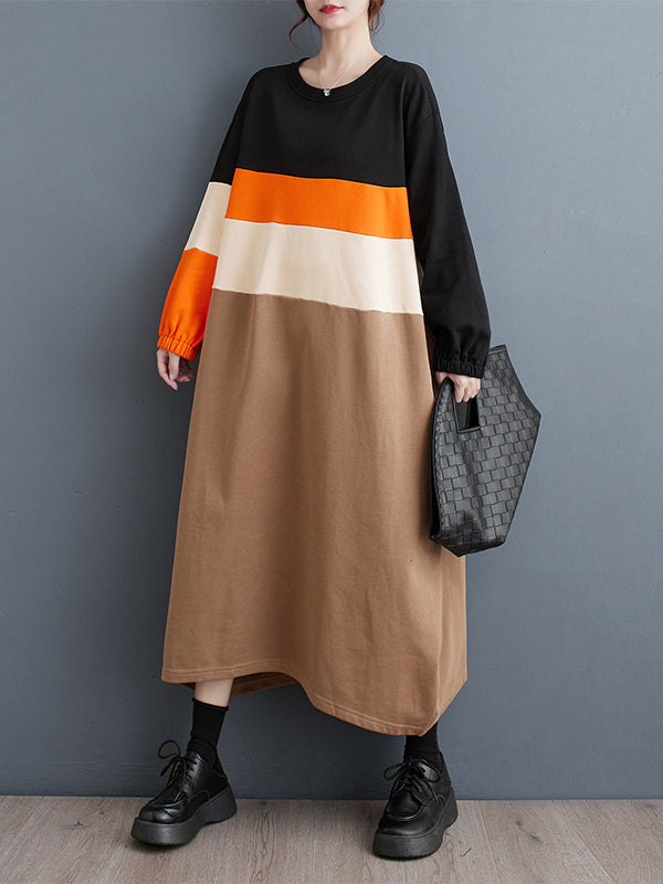 Contrast Color Elasticity Split-Joint A-Line Long Sleeves Round-Neck Midi Dresses