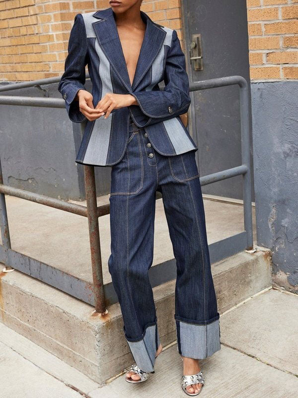 Contrast Color Split-Joint High Waisted Straight Leg Jean Pants Bottoms