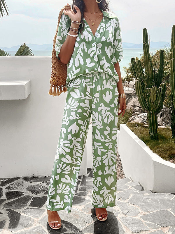 Loose Buttoned Leaves Print Lapel T-Shirts Top + High Waisted Elasticity Pants Bottom Two Pieces Set