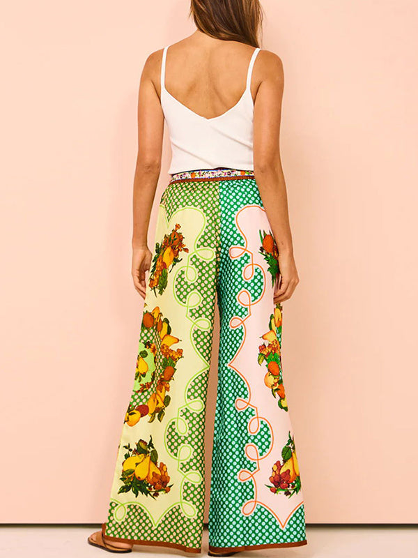 Contrast Color Floral Printed Loose Short Sleeves Lapel Shirt Top&Pants Two Pieces Set