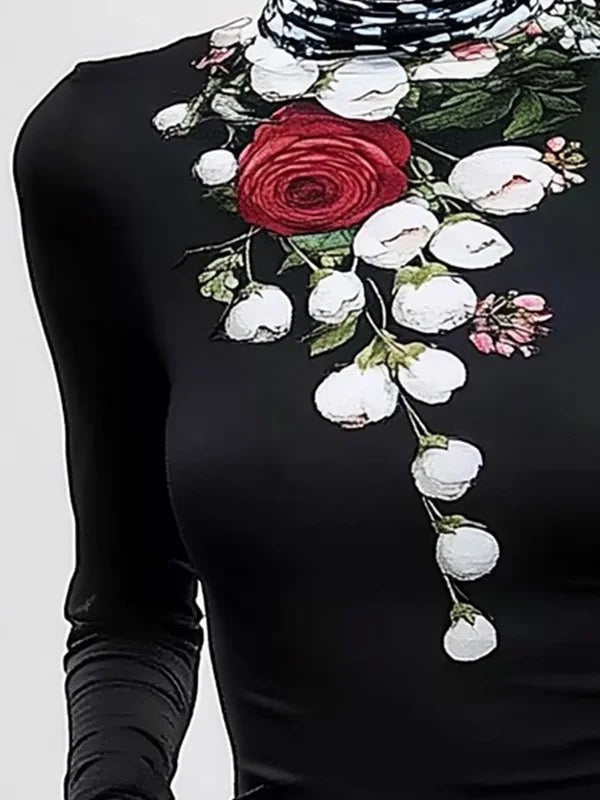Flower Print Split-Joint Long Sleeves Skinny High Neck T-Shirts Tops