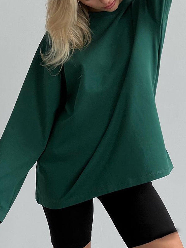 Solid Color Long Sleeves Loose Round-Neck T-Shirts Tops