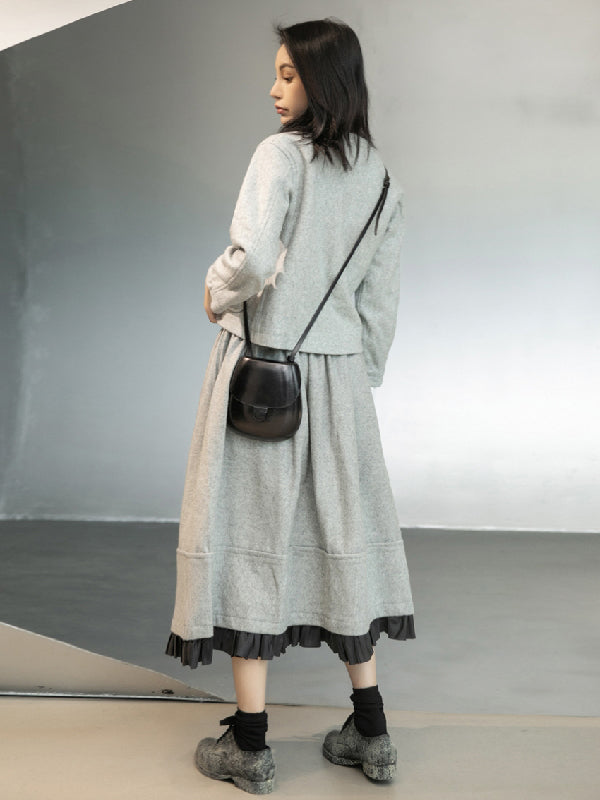 Urban Long Sleeves Buttoned Round-Neck Jacket Top+ Split-Joint Skirt Two Pieces Set