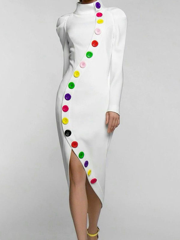 Buttoned Contrast Color Long Sleeves High Neck Midi Dresses