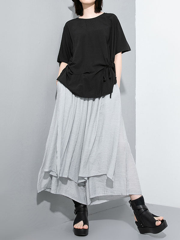 Elasticity Solid Color Split-Joint Loose Wide Leg Ninth Pants