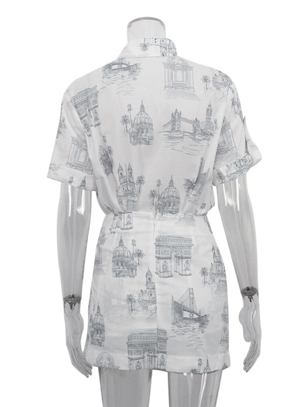 Lapel Loose Buttoned Printed Blouses Tops + Tied Bodycon Skirts bottom Two Pieces Set