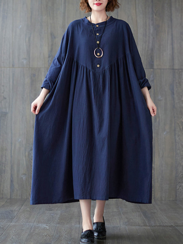 Pleated Solid Color Loose Puff Sleeves Stand Collar Midi Dresses