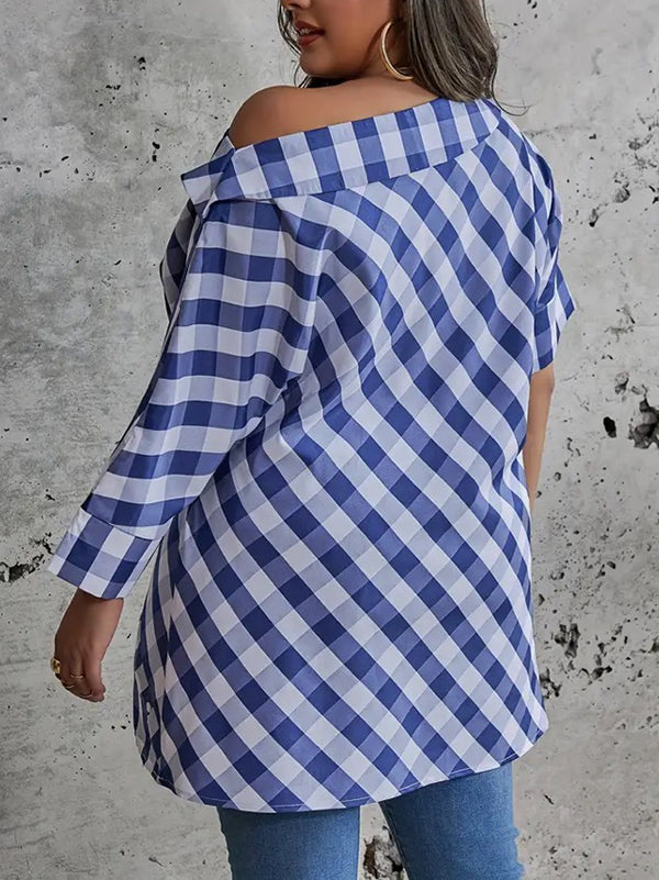 Asymmetric Buttoned Plaid Half Sleeves Loose One-Shoulder Blouses&Shirts Tops