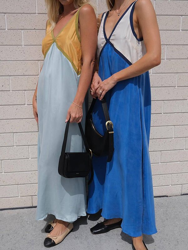 Contrast Color Split-Joint Loose Sleeveless Deep V-Neck Maxi Dresses