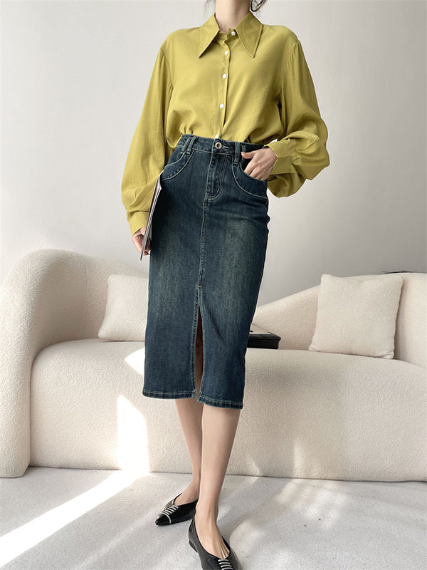 Pleated Split-Joint Sun protection Loose Puff Sleeves Lapel Blouses