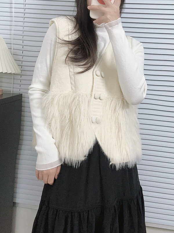 Buttoned Solid Color Split-Joint Loose Sleeveless V-Neck Vest Outerwear