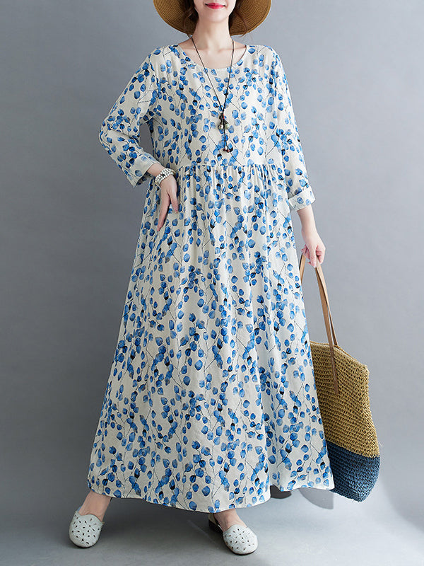 Flower Print Split-Joint Long Sleeves Loose Round-Neck Midi Dresses