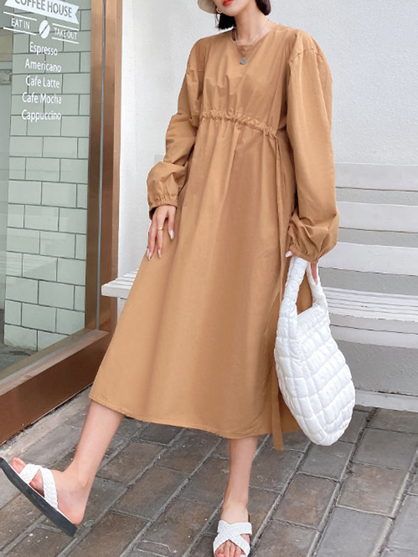 Elasticity Pleated Solid Color A-line Long Sleeves Round-neck Midi Dresses