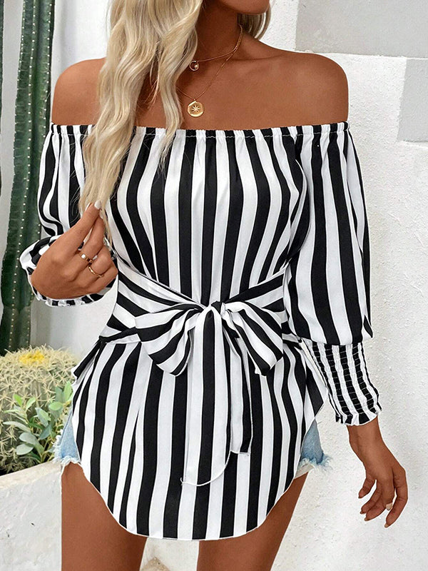 Contrast Color Elasticity Split-Joint Striped Tied Waist Long Sleeves Loose Off-The-Shoulder Blouses&Shirts Tops