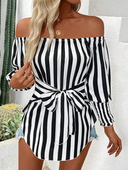 Contrast Color Elasticity Split-Joint Striped Tied Waist Long Sleeves Loose Off-The-Shoulder Blouses&Shirts Tops