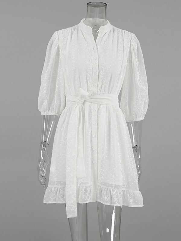 Jacquard Pleated Ruffled See-Through Solid Color Split-Joint Tied Waist Loose Puff Sleeves Stand Collar Mini Dresses