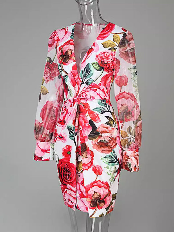 Flower Print Knot Mesh Split-Joint Bodycon Long Sleeves Deep V-Neck Mini Dresses