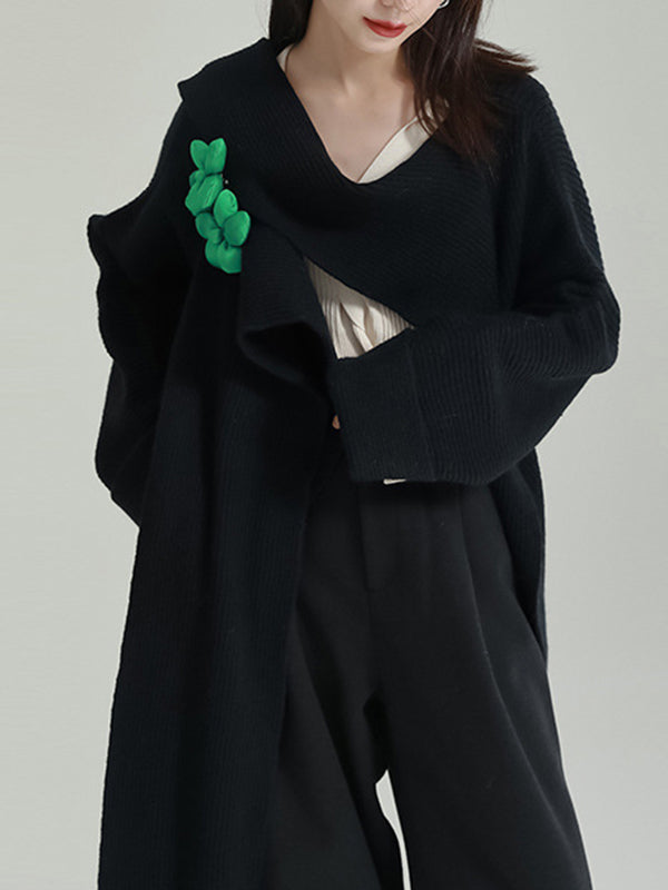 Asymmetric Three-Dimensional Flower High-Low Long Sleeves Round-Neck Cardigan Tops