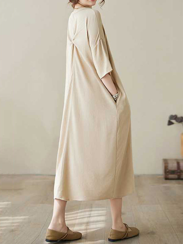 Knot Pockets Solid Color A-Line Loose V-Neck Midi Dresses