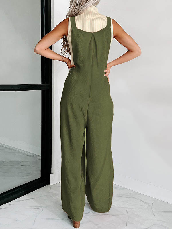 Buttoned Pleated Pockets High Waisted Loose Overalls