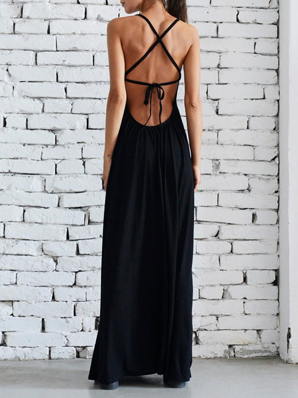 Loose Sleeveless Backless Solid Color Spaghetti-Neck Maxi Dresses