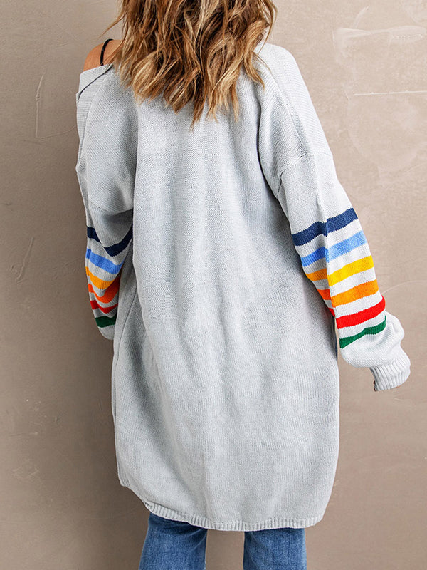 Colorful Contrast Color Striped Long Sleeves Loose Collarless Cardigan Tops
