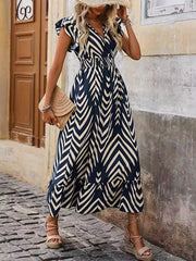 Elasticity Printed Split-Joint Flying Sleeves Loose V-neck Maxi Dresses