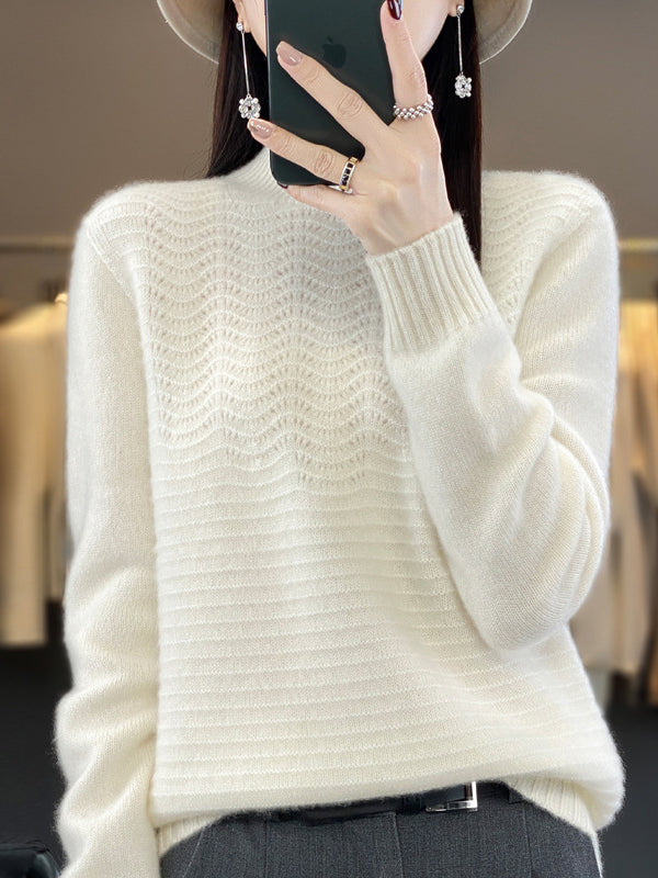 Solid Color Long Sleeves Loose Mock Neck Sweater Tops Pullovers