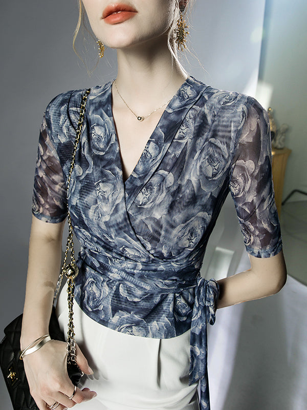 Flower Print Mesh Tied Half Sleeves Plus Size V-Neck Blouses&Shirts Tops