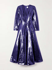 Sequined Solid Color A-line Long Sleeves V-neck Maxi Dresses