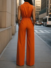 Buttoned Pockets Tied Waist High Waisted Sleeveless Lapel Jumpsuits