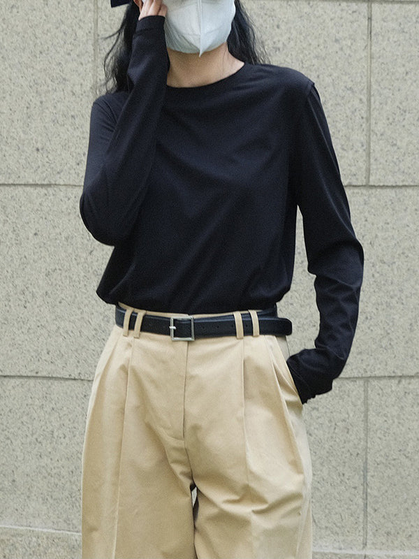 Simple Loose Long Sleeves Solid Color Round-Neck T-Shirts Tops