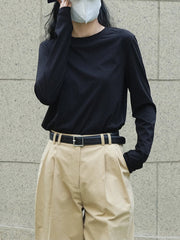 Simple Loose Long Sleeves Solid Color Round-Neck T-Shirts Tops