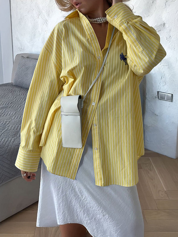 Buttoned Pockets Striped Long Sleeves Loose Lapel Blouses&Shirts Tops