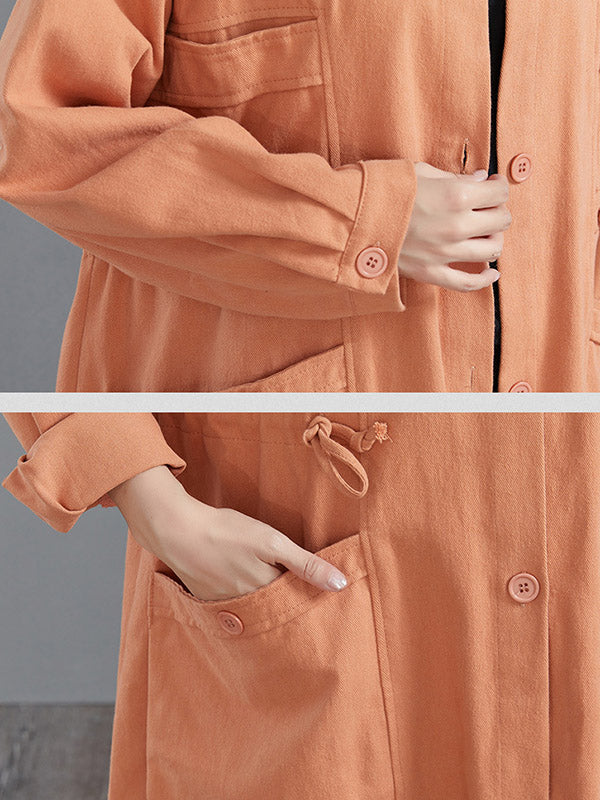 Casual Loose Solid Color Buttoned Lapel Collar Long Sleeves Trench Coat