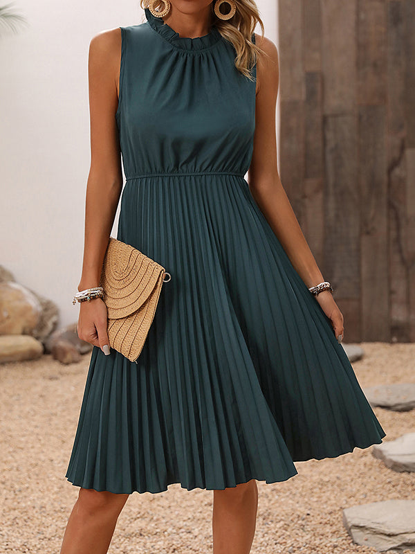 Elasticity Pleated Solid Color Split-Joint A-line Loose Mock Neck Midi Dresses