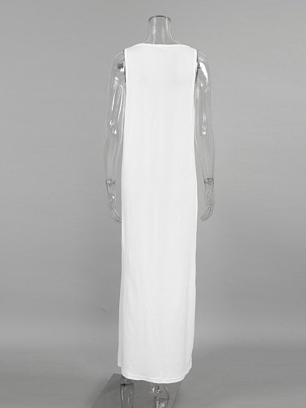 See-Through Solid Color See-through Split-Joint Loose Sleeveless U-Neck Maxi Dresses